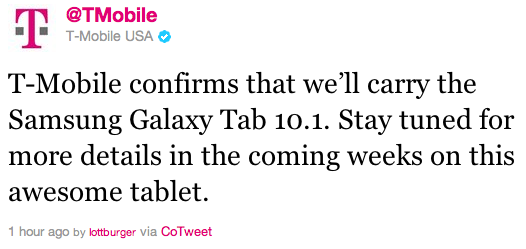 T-Mobile Samsung Galaxy Tab 10.1 tweet