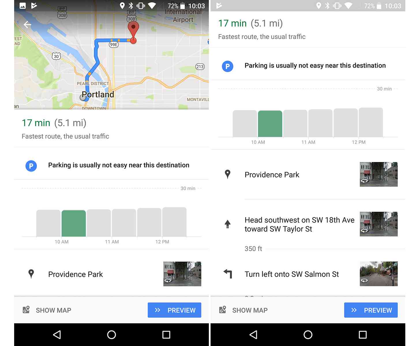 Google Maps Now Displaying Traffic Time Graph Inside of Directions